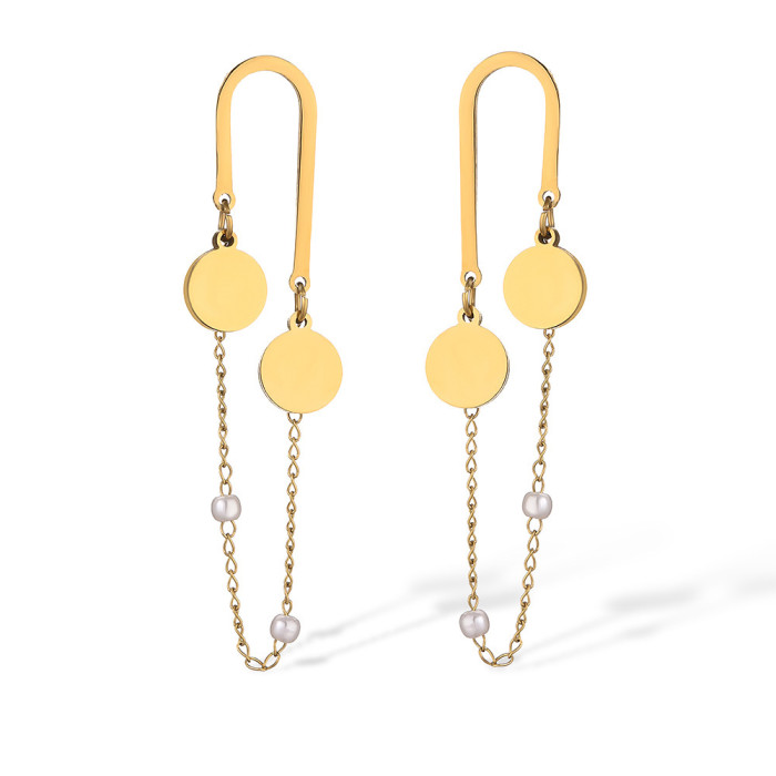 Fashion Niche Personality Chain Fashion Jewelry Tassel Pearl Round Pendant Hanging Titanium Steel Gold Plated Earrings