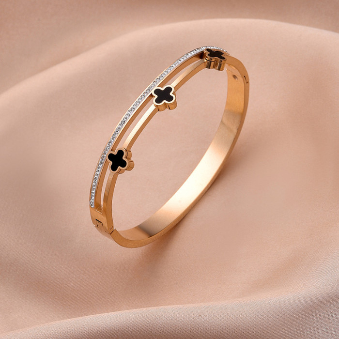 Korean Version Four-Leaf Clover High-End Titanium Steel Stone-Inlaid Bracelet for Women, Light Luxury Versatile Fas...