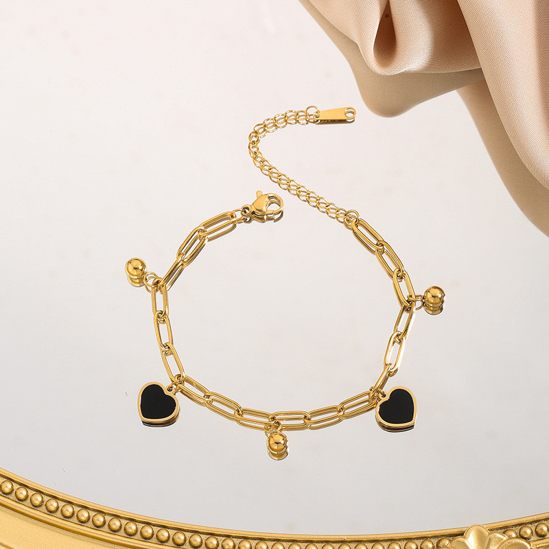 Cross-Border Fashion Light Luxury Simple Gold-Plated Stainless Steel Black and White Shell Heart Round Bead Pendant Chain Bracelet Versatile Jewelry