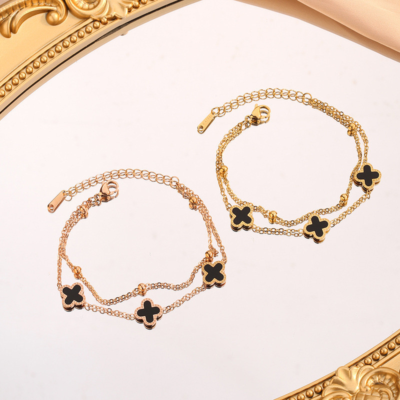 Korean Style Simple Clover Bracelet for Women Fashion Double Layer Chain Titanium Steel 18k Rose Gold Sweet Temperament Jewelry Wholesale