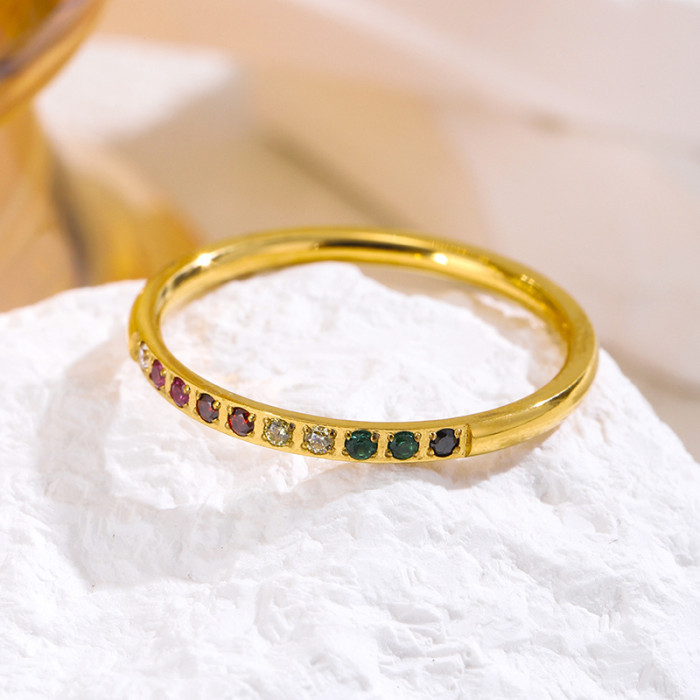 Minimalist Rainbow Color Inlaid Diamond Titanium Steel 18k Gold Plated Ring for Women, Stackable High Color Retention Ring, Niche Design Index Finger Ring