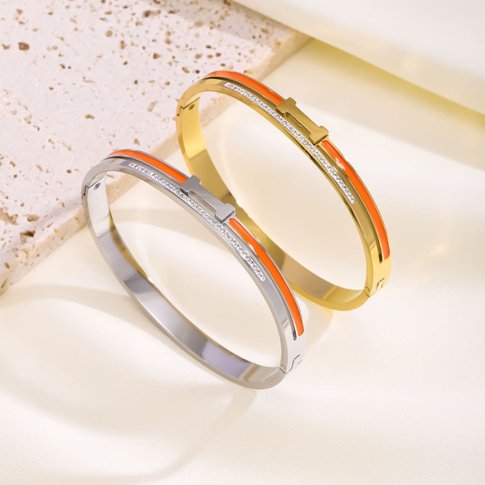 Titanium Steel Jewelry Wholesale H Letter Half Orange Oil Drop Single Row Stone Bracelet Personality Versatile Thin...