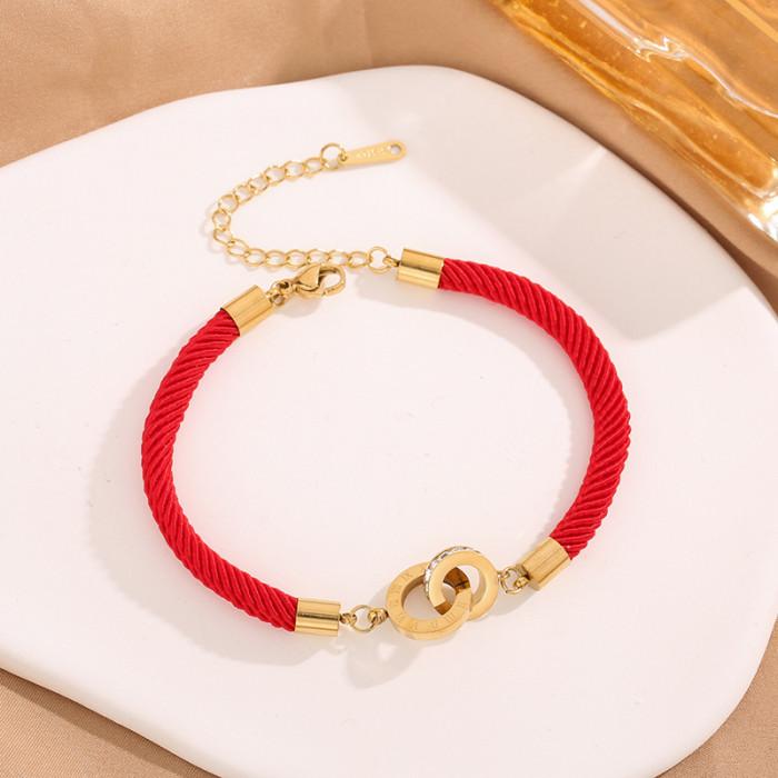 Japanese and Korean Style Woven Red Rope Roman Numeral Double Ring Titanium Steel Bracelet Lucky Versatile Fashion De...