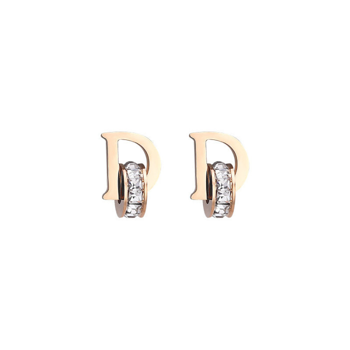 Korean Fashion Personality Earrings Titanium Steel Non-Fading English Letter D Short Hair Earrings Earrings for Women...