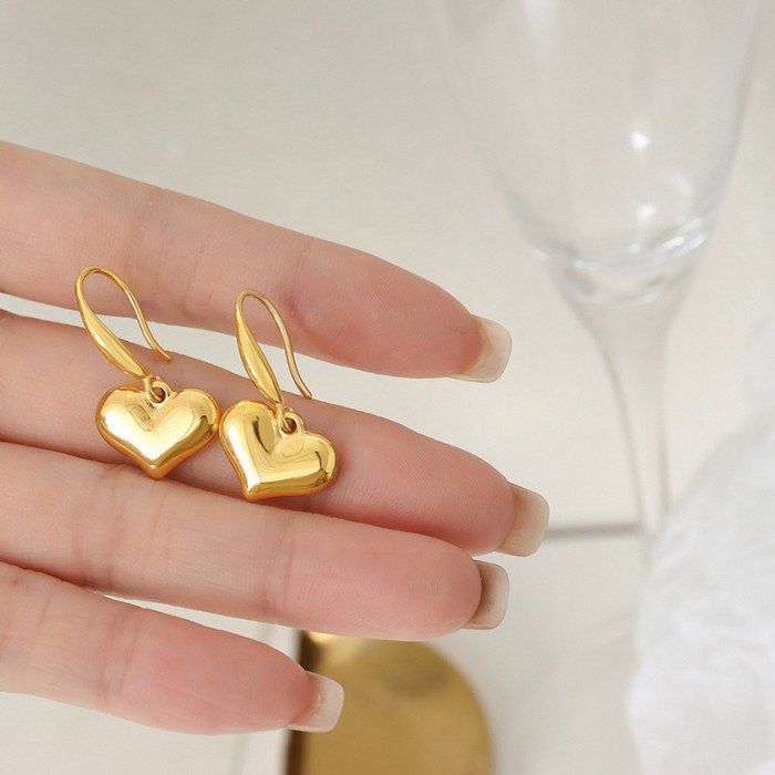 French Retro Three-Dimensional Heart Titanium Steel Earrings for Women, Metal Smooth Full Heart Pendant Elegant Ear J...