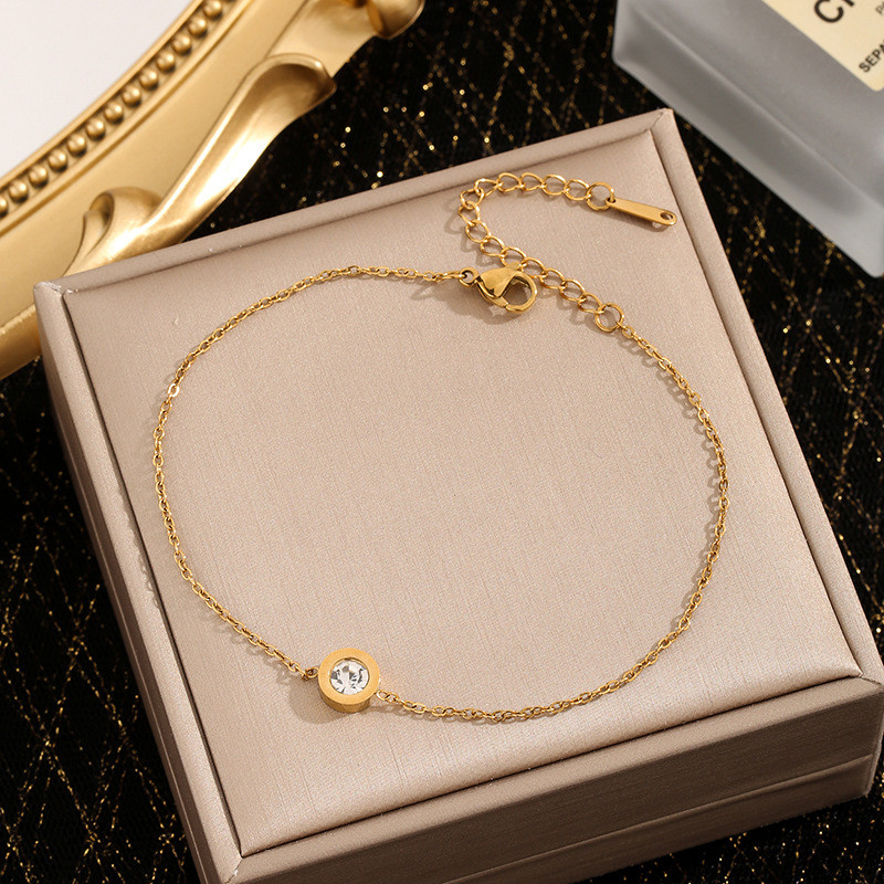 Simple Round Inlaid Diamond Titanium Steel Chain Bracelet 18K Gold Women's Bracelet Fresh Student Jewelry Stainless Steel Accessories