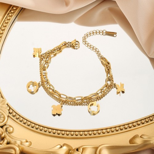 European and American Cross-Border Hollow Four-Leaf Clover Stainless Steel Double-Layer Bracelet Titanium Steel Non-Fading Titanium Steel Bracelet Women's Trendy Jewelry