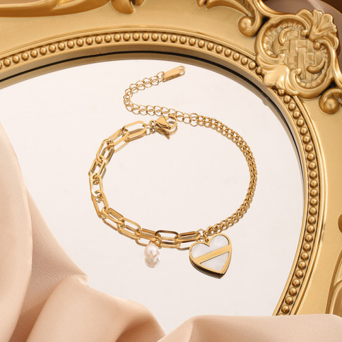 Cross-Border Wholesale European and American Niche Design Fashion High-End Retro Irregular Pearl Heart Pendant Titanium Steel Bracelet for Women