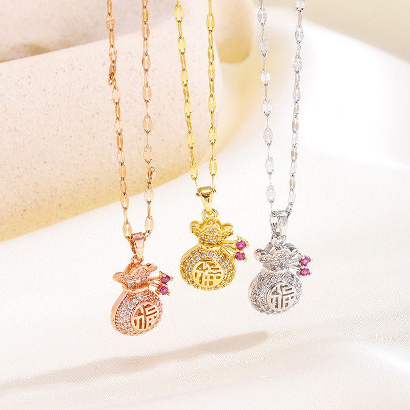 Chinese Style Fu Character Coin Purse Pendant Personality Fashion Micro Inlaid Full Diamond Hollow Lucky Small Coin Bag Clavicle Chain Jewelry