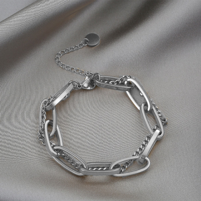 Thick Chain Double-Layer Bracelet for Women Titanium Steel 18K Gold Plated Anti-Fade Fashionable Elegant Jewelry, Nec...