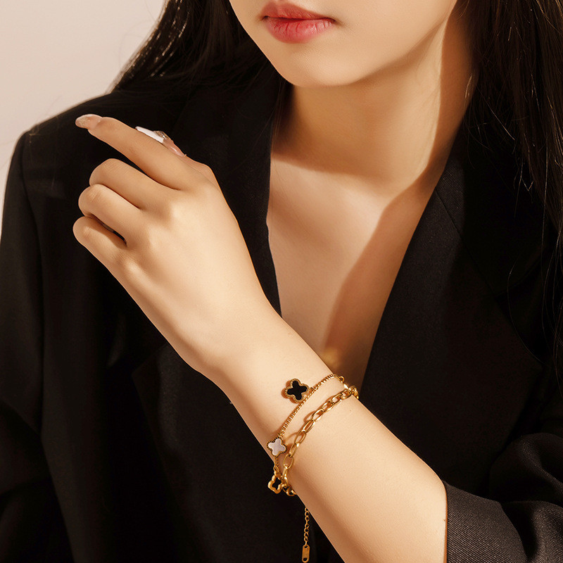 European and American Style Bracelet for Women Four-Leaf Clover Double Layer Chain Titanium Steel Jewelry 18k Rose Gold Elegant Trendy Bracelet Jewelry