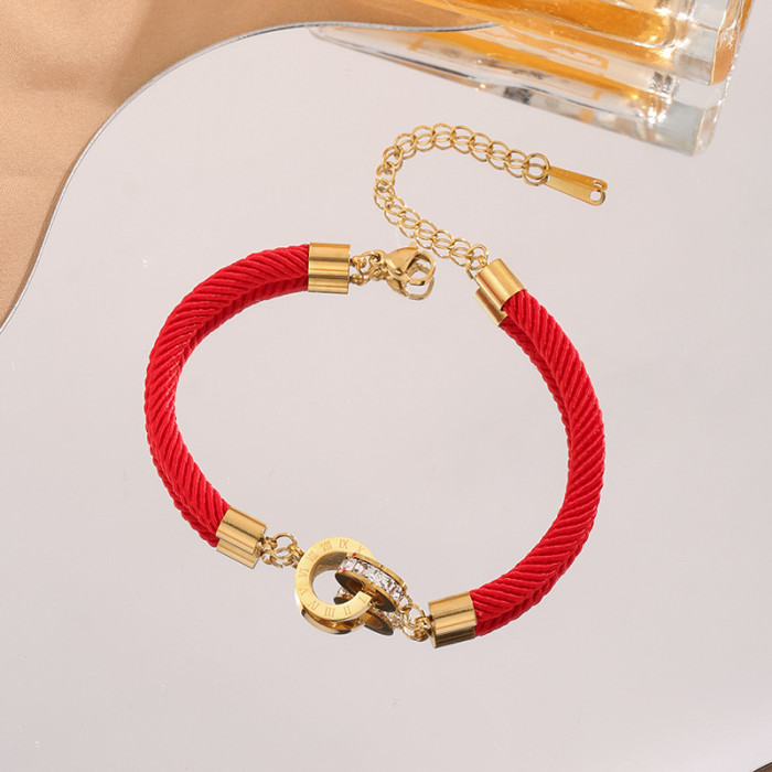 Japanese and Korean Style Woven Red Rope Roman Numeral Double Ring Titanium Steel Bracelet Lucky Versatile Fashion De...