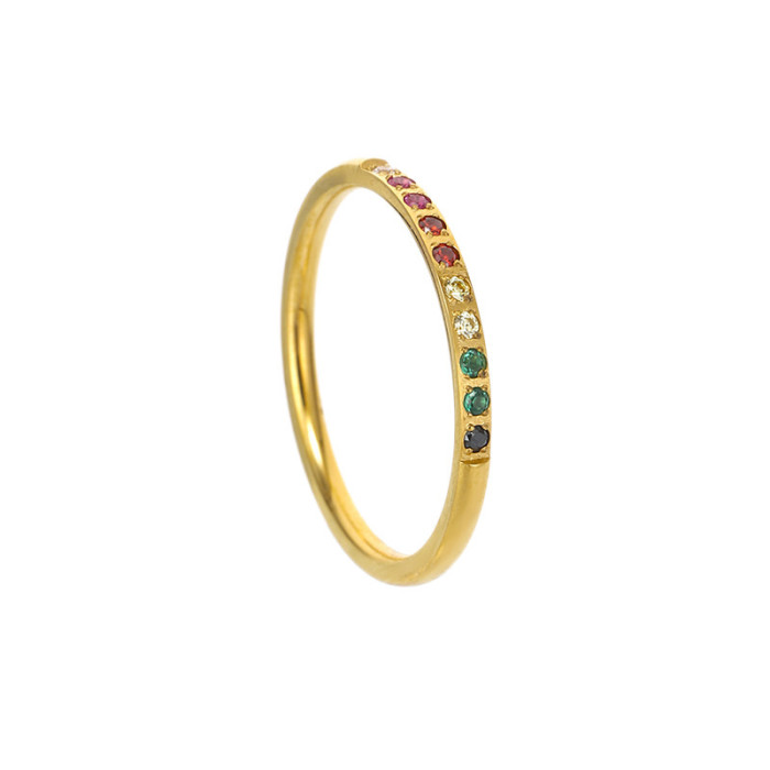Minimalist Rainbow Color Inlaid Diamond Titanium Steel 18k Gold Plated Ring for Women, Stackable High Color Retention Ring, Niche Design Index Finger Ring