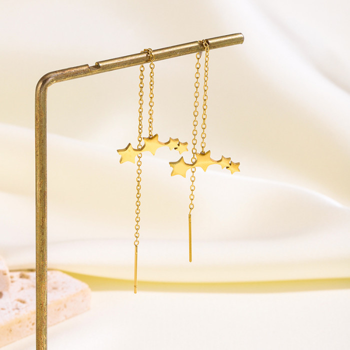 Japanese and Korean Trendy Star Titanium Steel Threader Earrings for Women with Tassels, Cute and Fresh Style, Person...