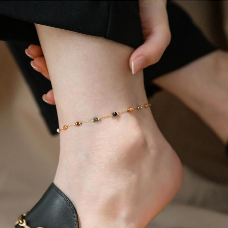 French Niche Retro Exquisite Chic Simple Real Stone Beaded Daily Layered Versatile Gold-Plated Elegant Thin Anklet for Women