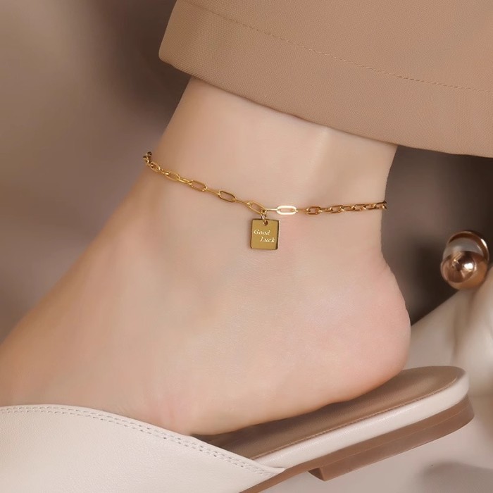 High-End Goodluck Square Anklet Titanium Steel Non-Fading Internet Celebrity Style Light Luxury Niche Design Foot Cha...