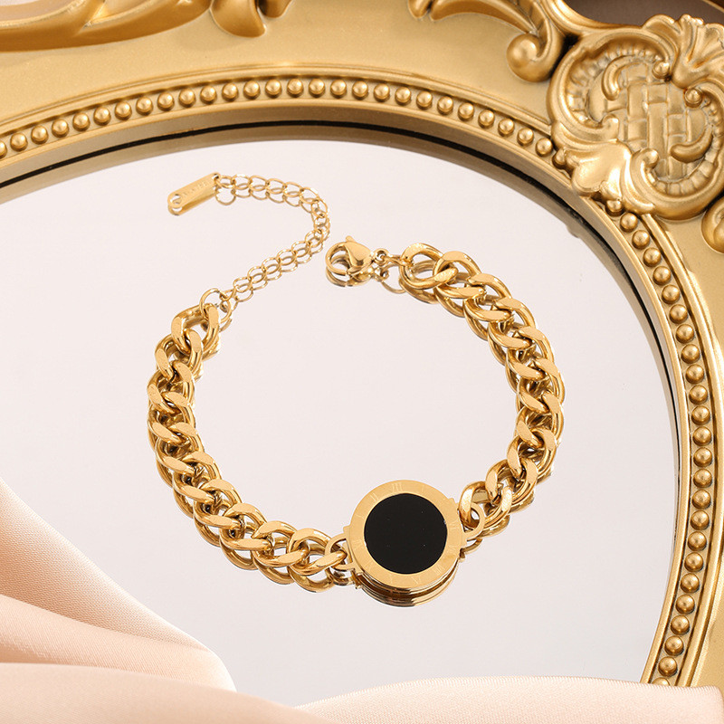 European and American Cross-Border Fashion Niche Thick Chain Black Roman Round Plate Titanium Steel Metal Jewelry High-End Versatile Bracelet