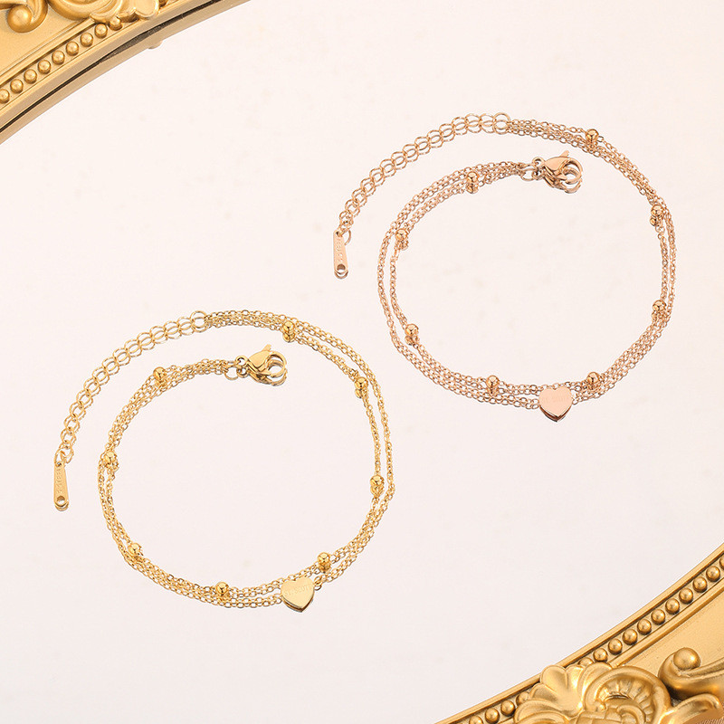 Cross-Border New Anklet Jewelry Trendy Simple Round Bead Chain Lucky Heart Anklet Stainless Steel Double Layer Foot Jewelry Wholesale