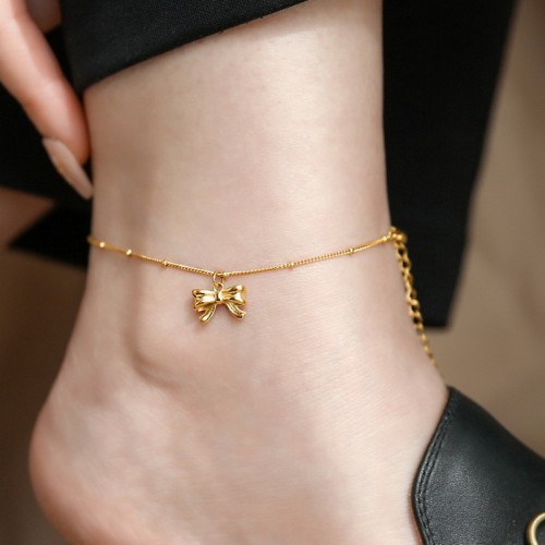 Exquisite Light Luxury Runaway Princess Bowknot Anklet Titanium Steel Plated 18K Gold Non-Fading Versatile Simple Gift Foot Chain