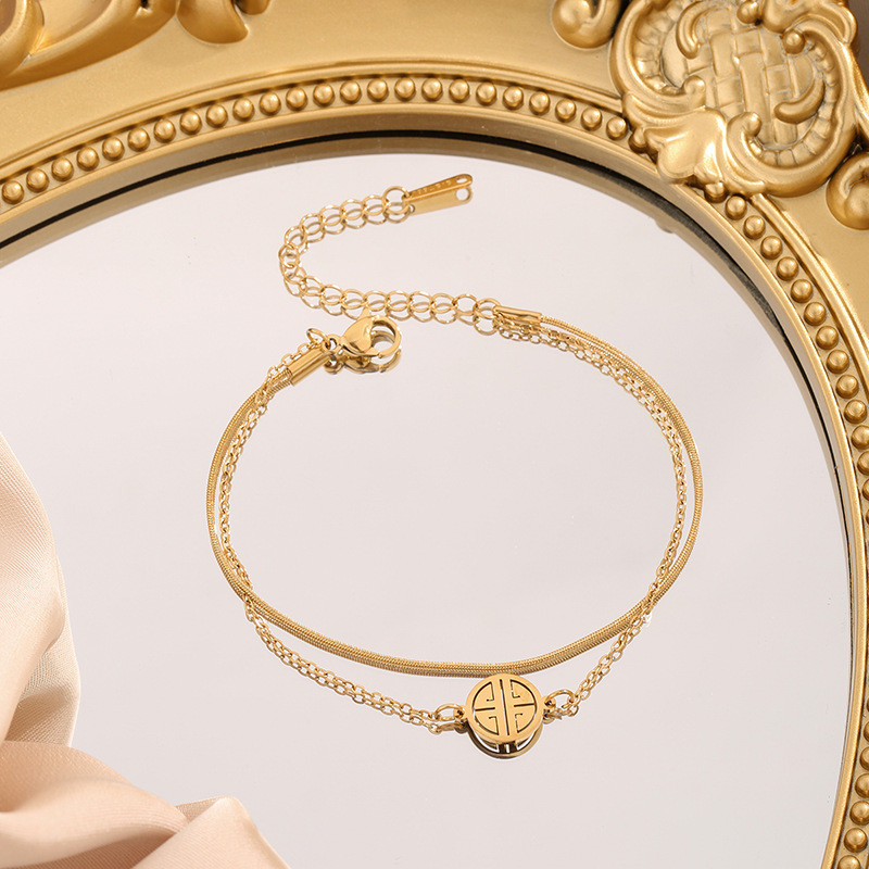 Double Layer Bracelet Ins Niche Design Non-Fading Best Friend Style Internet Celebrity Retro Titanium Steel Double Happiness Bracelet Women's Jewelry