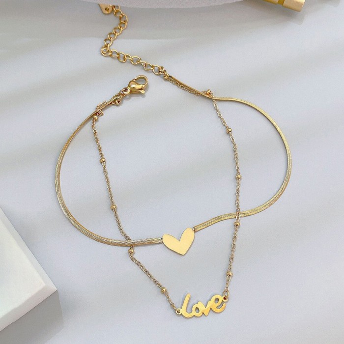 High-End Anklet for Women, Ins Style, Love Heart Double Layer Anklet, Titanium Steel, Non-Fading, 18K Plated, Letter...