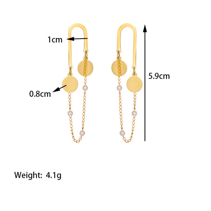 Fashion Niche Personality Chain Fashion Jewelry Tassel Pearl Round Pendant Hanging Titanium Steel Gold Plated Earrings