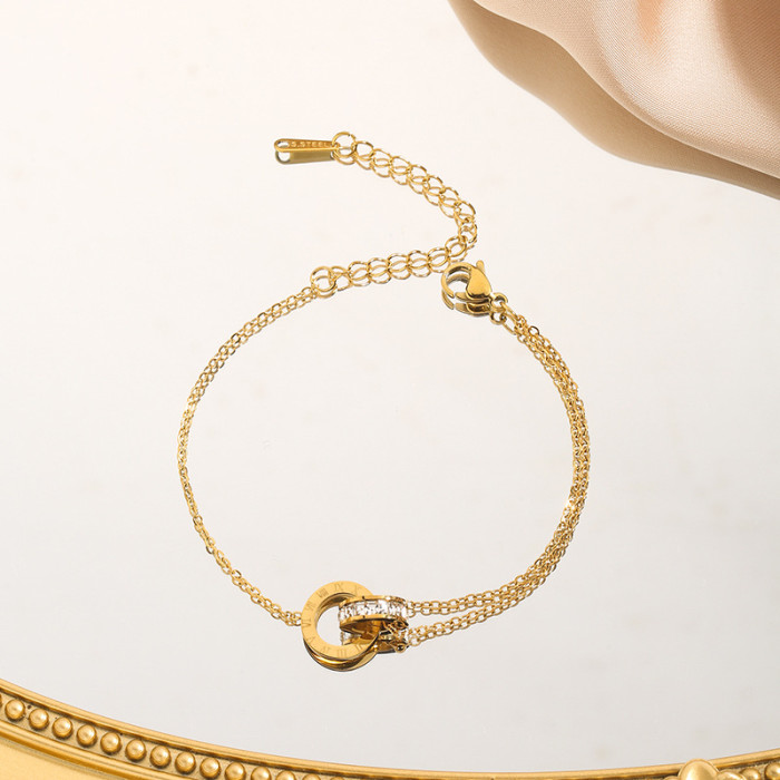 Double Ring Spliced Roman Font Titanium Steel Bracelet for Women, Versatile Non-Fading Gold Hand Jewelry, Niche Design Light Luxury Accessory