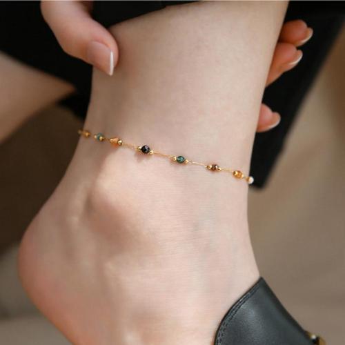 French Niche Retro Exquisite Chic Simple Real Stone Beaded Daily Layered Versatile Gold-Plated Elegant Thin Anklet for Women