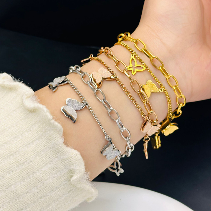 Titanium Steel 18K Rose Gold Butterfly Double Layer Bracelet for Women Korean Style Simple Personality Ins Niche Desi...