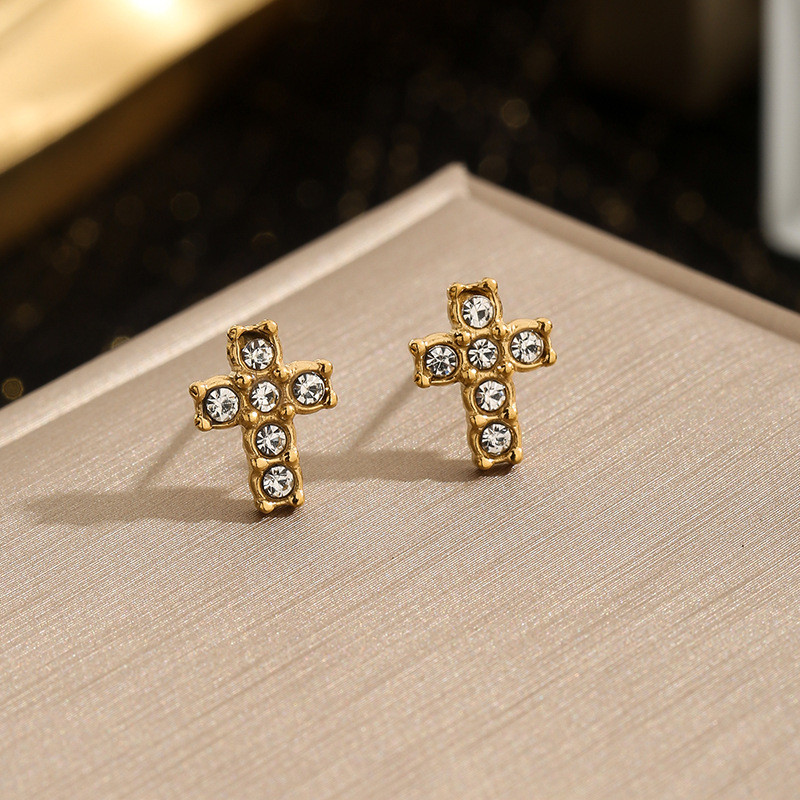 European and American Cross-Border Niche Retro DIY Jewelry Accessories Stainless Steel 18K Gold Plated Cross Micro Pave Diamond Stud Earrings Jewelry