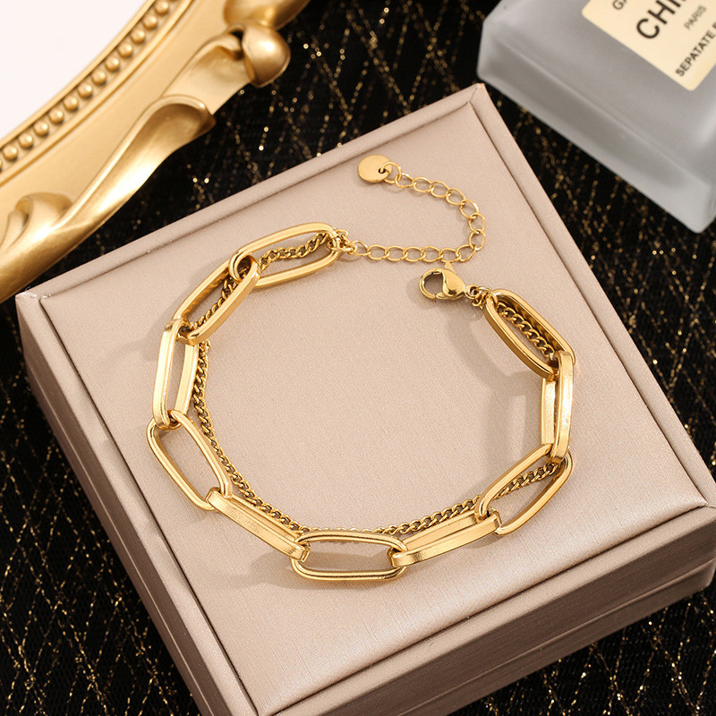 European and American Cross-Border Thick Chain Double-Layer Bracelet for Women Titanium Steel 18K Gold Plated Anti-Fade Fashionable Elegant Jewelry