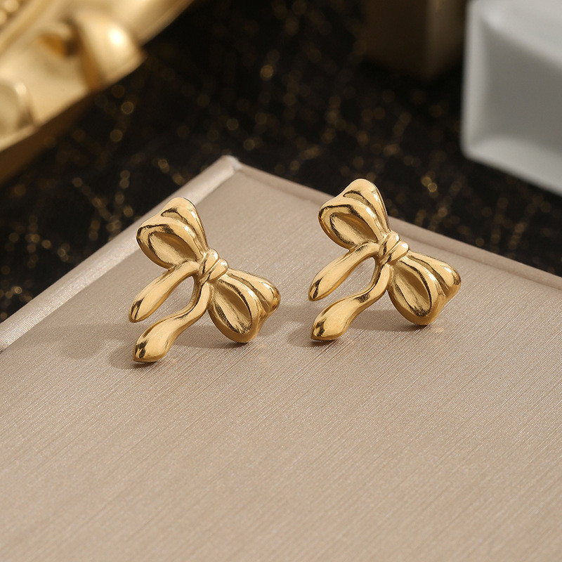 Cross-Border Stainless Steel Fresh Sweet Bowknot Stud Earrings Temperament Geometric Earrings Personality Trendy Style Ear Jewelry for Women
