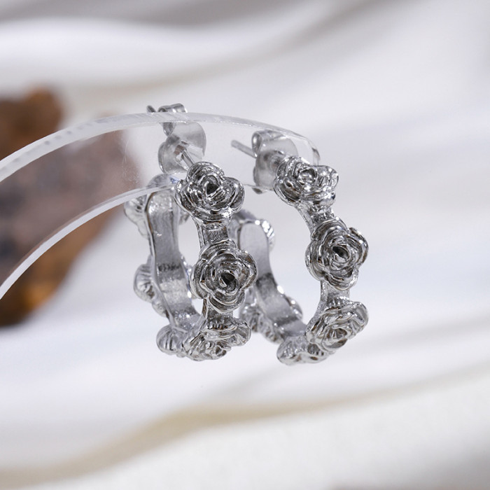 E-commerce Hot-Selling Rose Flower Earrings Hoop Elegant High-End Light Luxury Women's Earrings Stainless Steel Casti...