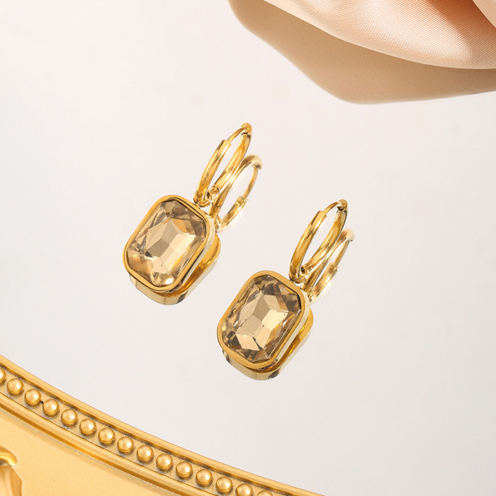 European and American Fashion New Niche Micro Inlaid Earrings Titanium Steel Plated 18K Gold Cut Angle Rectangular Zircon Pendant Earrings for Women