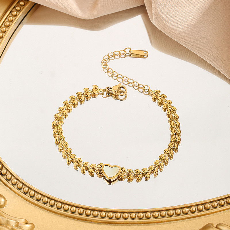 European and American Cross-Border Niche Fashion Wheat Spike Heart-Shaped Bracelet Wholesale Peach Heart-Shaped Jewelry Titanium Steel 18K Gold Plated Bracelet
