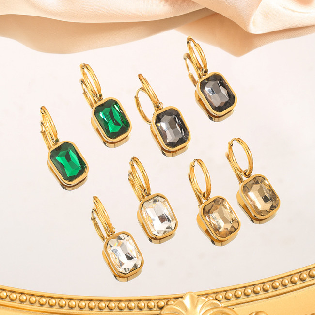 European and American Fashion New Niche Micro Inlaid Earrings Titanium Steel Plated 18K Gold Cut Angle Rectangular Zircon Pendant Earrings for Women