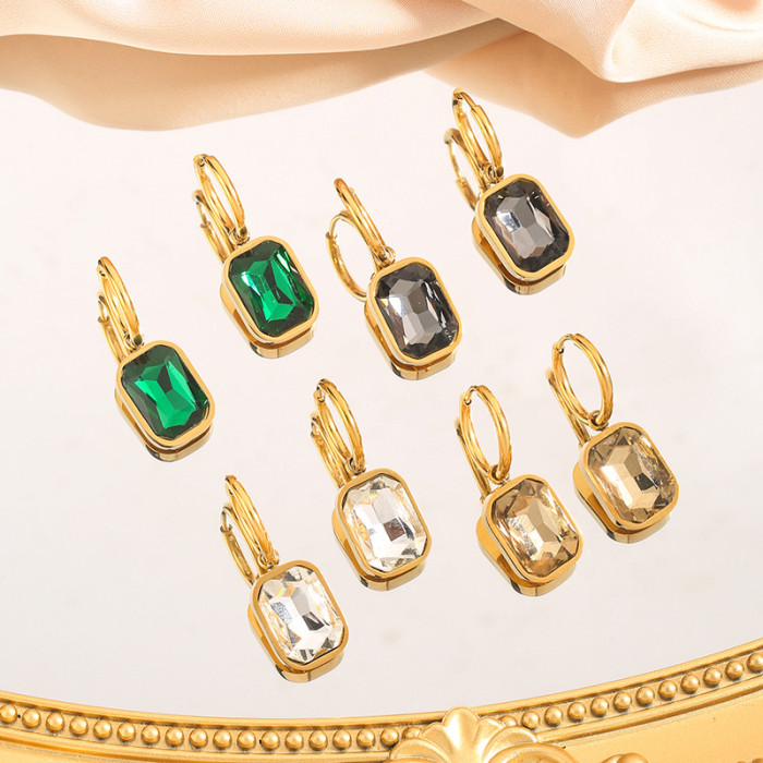 European and American Fashion New Niche Micro Inlaid Earrings Titanium Steel Plated 18K Gold Cut Angle Rectangular Zircon Pendant Earrings for Women