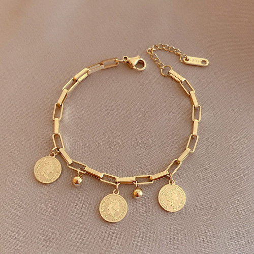 Korean Version Trendy Titanium Steel Hip-Hop Personality Round Plate Bracelet Internet Celebrity Ins Cool Style Student Best Friend Bracelet Wholesale