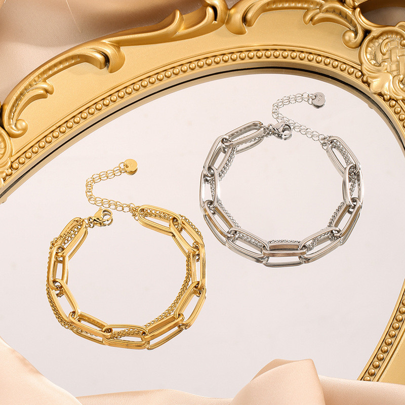 European and American Cross-Border Thick Chain Double-Layer Bracelet for Women Titanium Steel 18K Gold Plated Anti-Fade Fashionable Elegant Jewelry