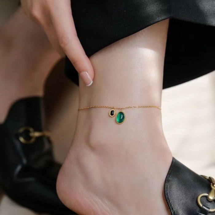 Light Luxury New Style Emerald Black Onyx Titanium Steel Anklet for Women High-end Feel Versatile Double Pendant Non-...