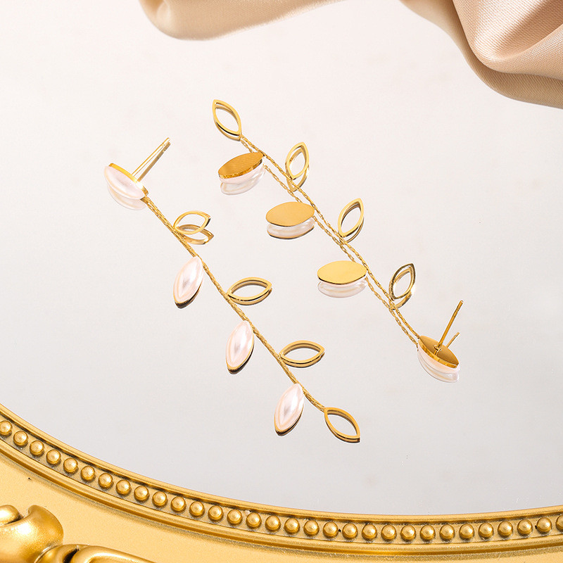 European and American INS Style Light Luxury Pearl Hollow Willow Leaf Titanium Steel Earrings Niche Design Tassel Long Hanging Earrings
