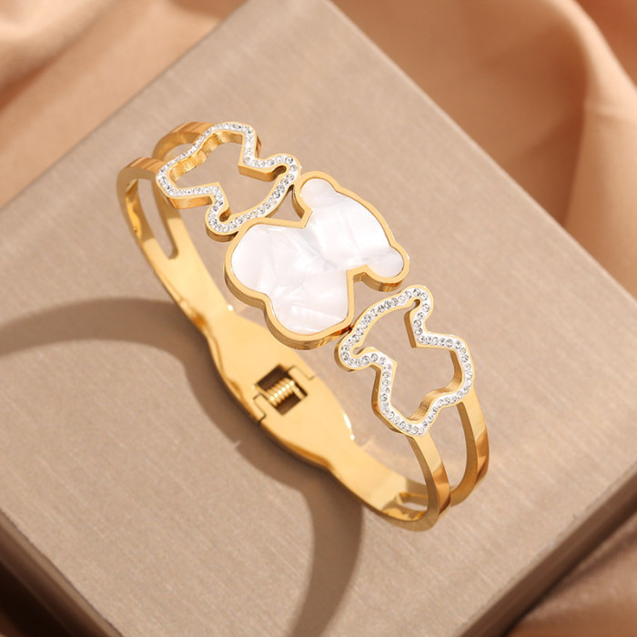 Niche Fashion Bear Fully Stone-Set White Shell Titanium Steel Bracelet for Women, Light Luxury Versatile Internet Celebr...