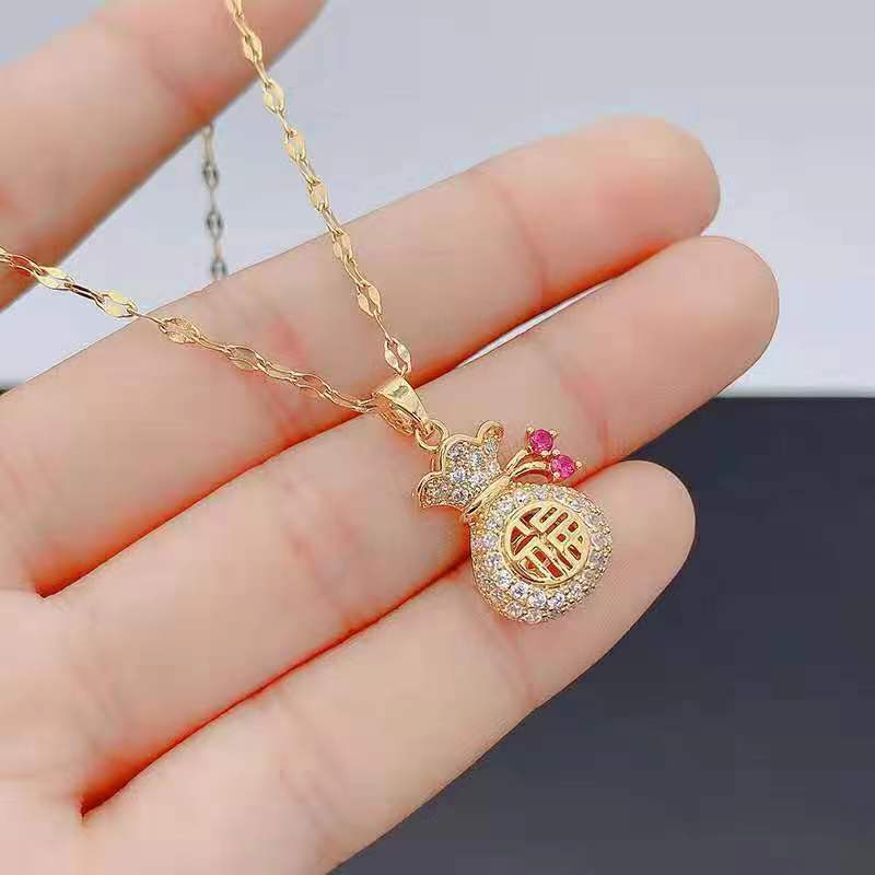 Chinese Style Fu Character Coin Purse Pendant Personality Fashion Micro Inlaid Full Diamond Hollow Lucky Small Coin Bag Clavicle Chain Jewelry