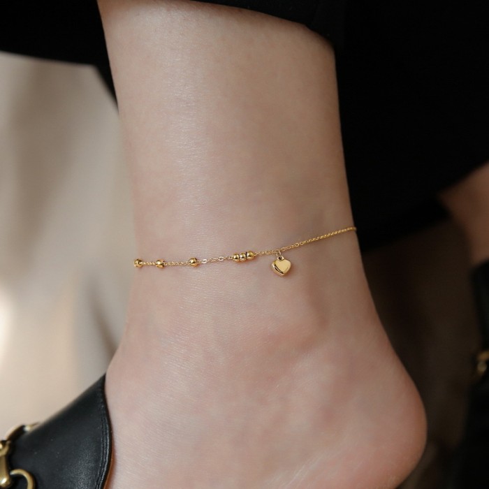 Six Beads Small Heart Anklet for Women 2024 New High-end Round Bead Heart-shaped Niche Titanium Steel Non-fading Anklet