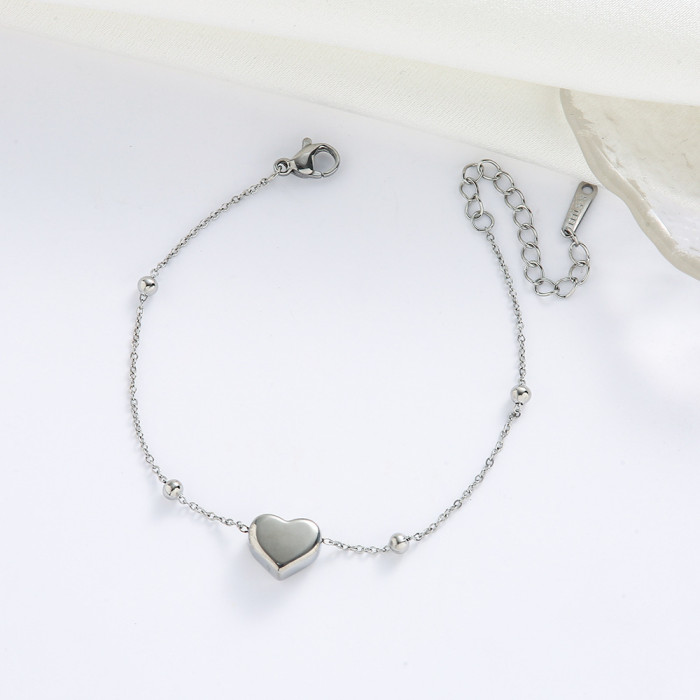Round Bead Heart Bracelet for Women, Ins Trend, Niche Design, Titanium Steel, Non-Fading, Minimalist Style, Simple an...