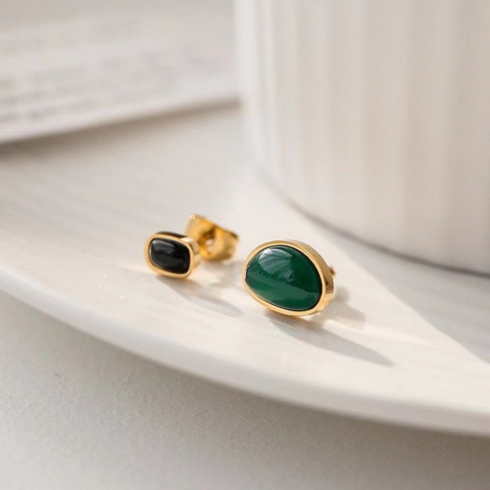Niche Light Luxury Design Green Black Green Agate Double Pendant Titanium Steel Earrings for Women Summer 2024 New No...