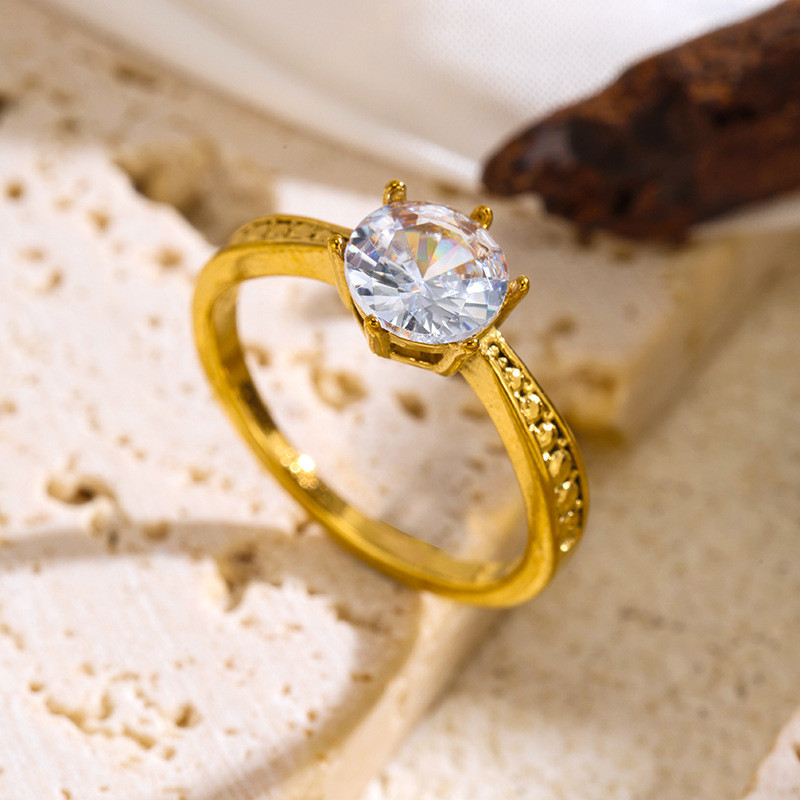 European and American Style Round Zircon White Diamond Gold-Plated Stainless Steel Ring for Women Simple Geometric Ring Wholesale Jewelry