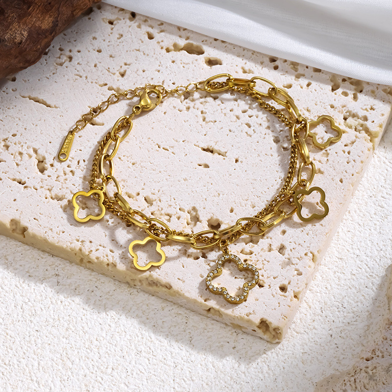 European and American Cross-Border Elegant High-End Double-Layer Four-Leaf Inlaid Diamond Titanium Steel Bracelet for Women, Niche Design, Minimalist Style Women's Jewelry