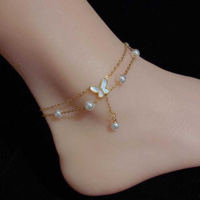 Stainless Steel Anklet for Women Korean Fashion Double Layer Pearl Butterfly Pendant Shell Anklet Titanium Steel Jewe...