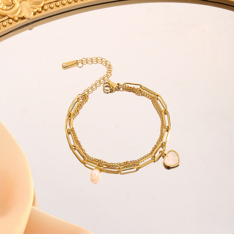 European and American Fashion INS Style Stainless Steel Double Layer Heart Bracelet Personality Trendy Shell Pearl Heart Bracelet for Women